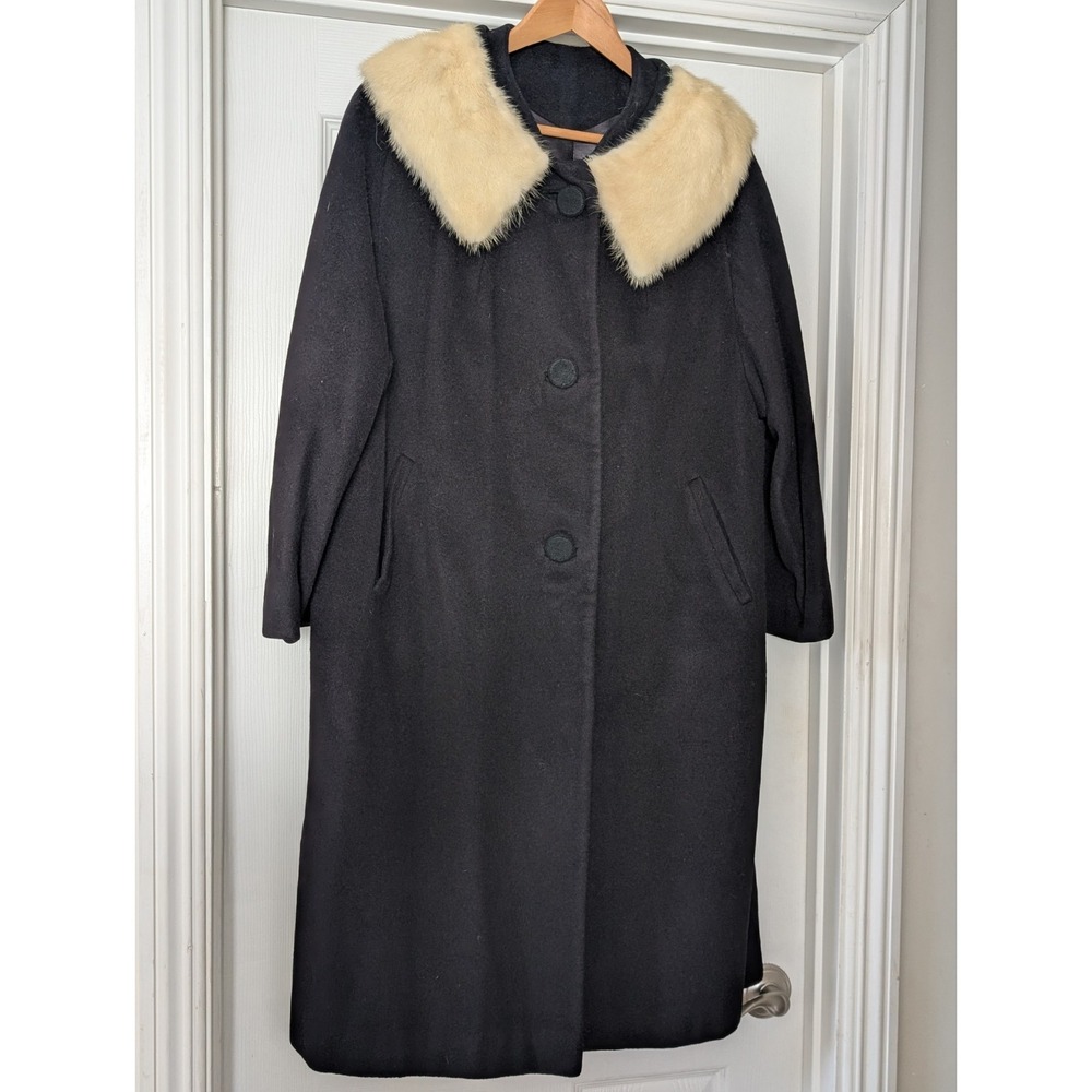 Vintage Black Wool Swing Coat White Mink Fur Collar Lined Women's Size Medium